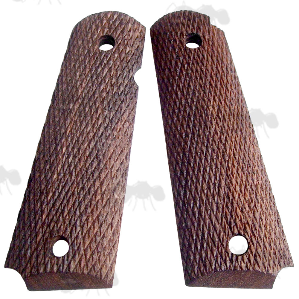 Pair of Full Size Black Walnut Wood 1911 Pistol Grips with a Fully Diamond Patterned Textured Finish