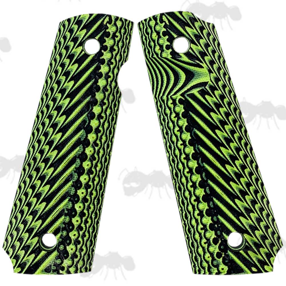 Pair of Full Size Black and Green G10 1911 Pistol Grips with a Grooved Finish