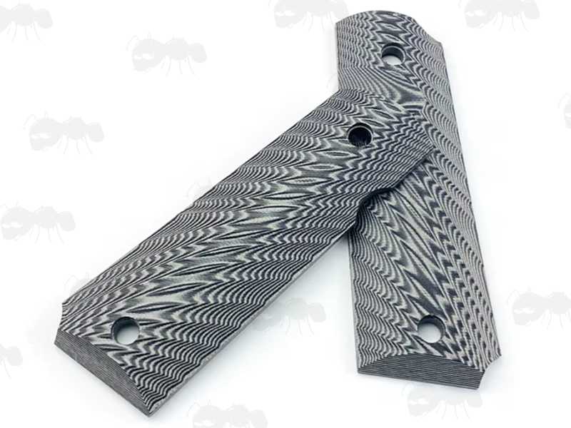Pair of Full Size Grey and BLack G10 1911 Pistol Grips with a Grooved Finish
