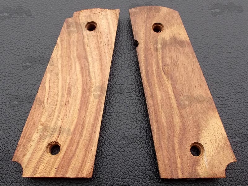 Rear View of The Pair of Full Size Teak Wood 1911 Pistol Grips with a Textured Finish