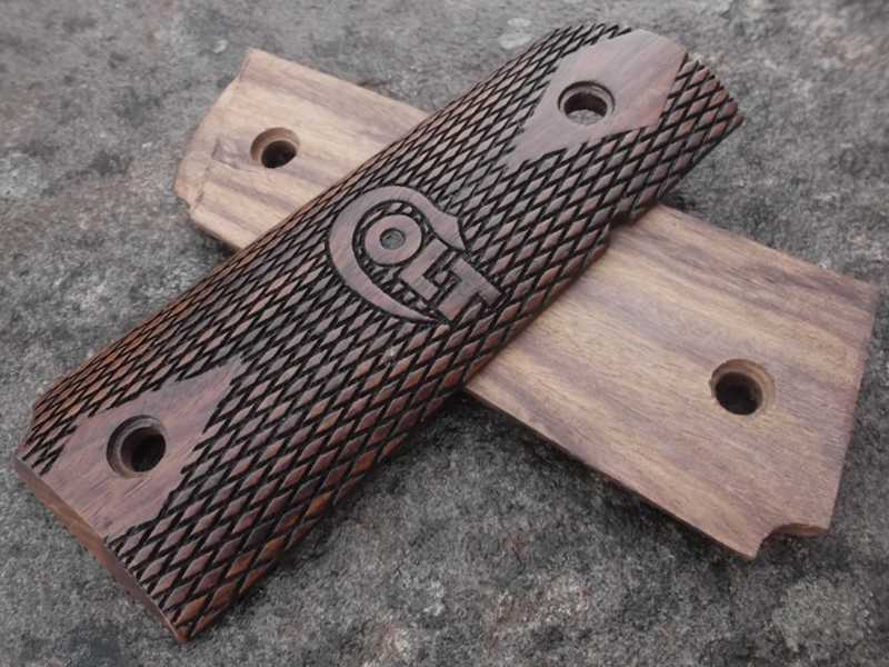 Pair of Full Size Wood Colt 1911 Pistol Grips with Hand Carved Diamond Checker Pattern Finish