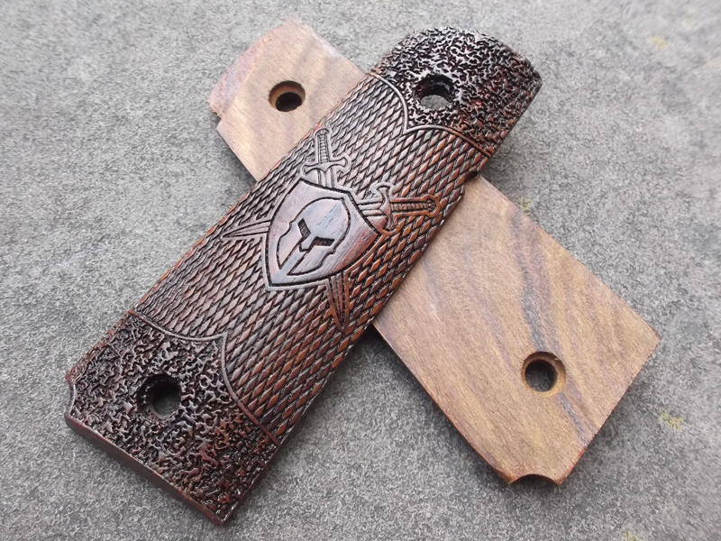 Front and Rear of The Full Size Wood 1911 Pistol Grips with Crossed Spartan Arms