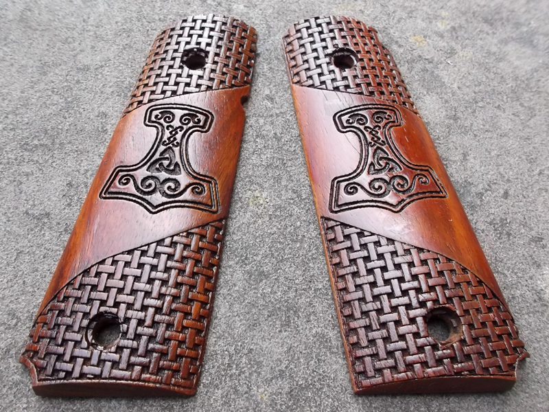 Pair of Full Size Wood 1911 Pistol Grips with Small Thor's Hammer