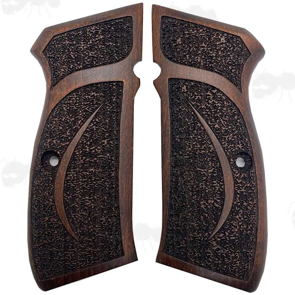 CZUB 75 / 85 Dark Brown Teak Wood Pistol Grips with Detailed Textured Pattern