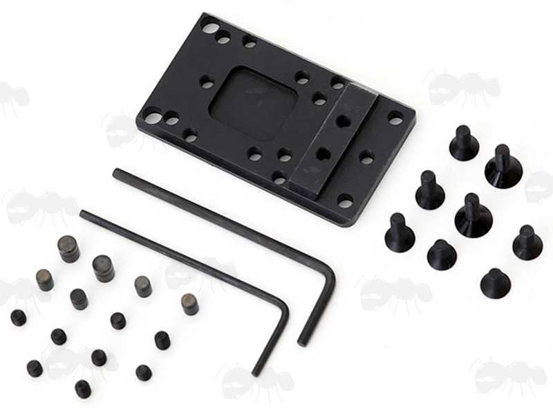 Base View of The Mini Red Dot Sight Universal Steel Base Plate Mount for Glock Pistols with Packs of Screws and Allen Keys