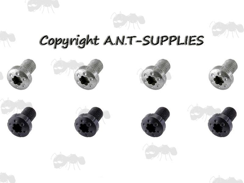 Two Sets of Four Decorative Torx Head Screws for 1911 Pistol Grips, in Silver and Black Finishes