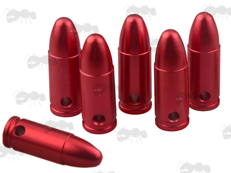 Six Red Metal 9mm Cal Pistol Snap Caps