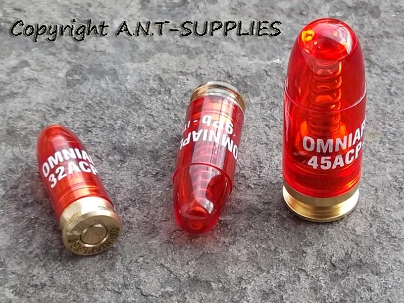 Three Assorted Omniaplast Plastic Body Rifle Snap Caps, in 9PB, .32ACP and .45ACP Calibres With Brass Cups