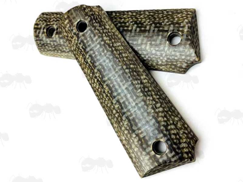 Pair of Full Size Green Burlap Micarta 1911 Pistol Grips with a Polished Finish