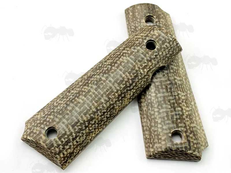 Pair of Full Size Light Brown Burlap Micarta 1911 Pistol Grips with a Polished Finish