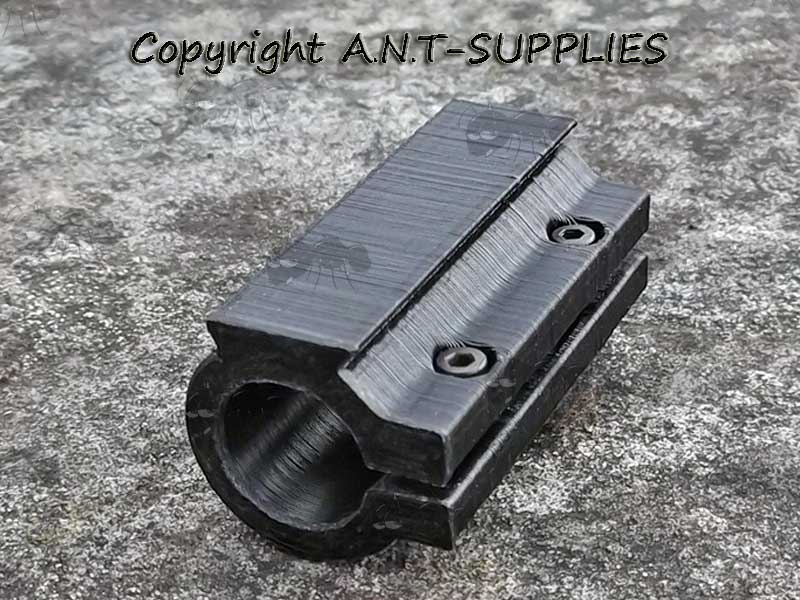 Black Plastic Rail Base Adapter Mount for 12mm Diameter Gun Barrel with Fixings to the Side for Underlever Rifles