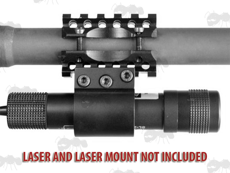 Large Double Weaver / Picatinny Rail Mounted on a Rifle Barrel with Laser Attached