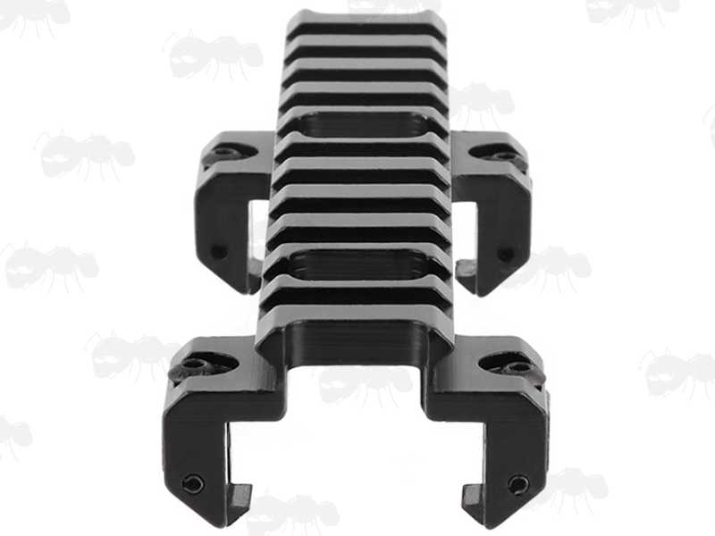 End Profile View of The Black MP5 Low-Profile Sight Base Forward Reach Rail Claw Mount