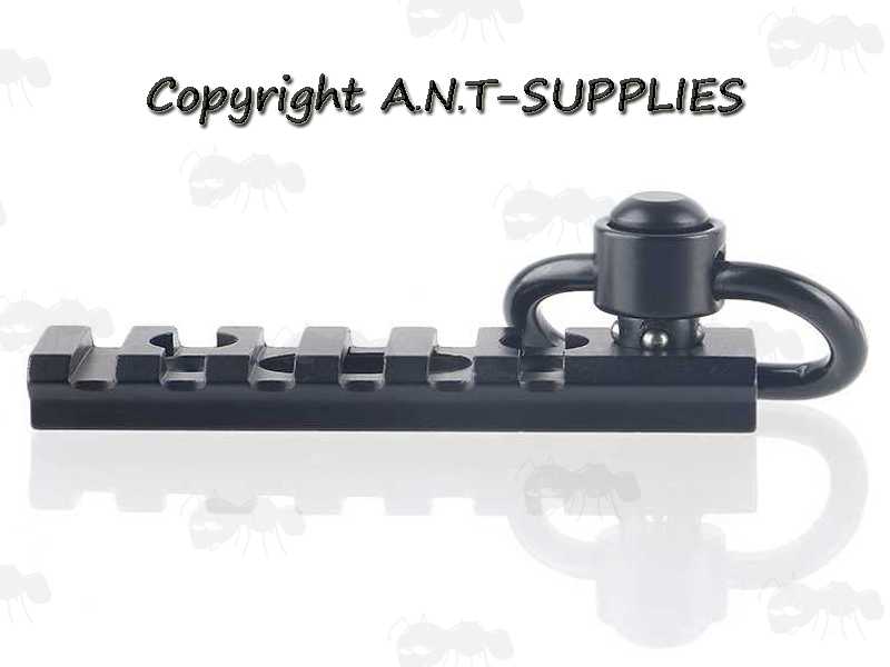 Side Profile View of The Six Slot Length of Picatinny Rail with a 10mm Socket Swivel Port and a QD Push Button Swivel Included
