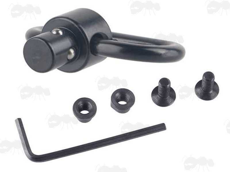 QD Push Button Swivel and Pair of KeyMod Nuts and Screws for The Six Slot Length of Picatinny Rail with a 10mm Socket Swivel Port