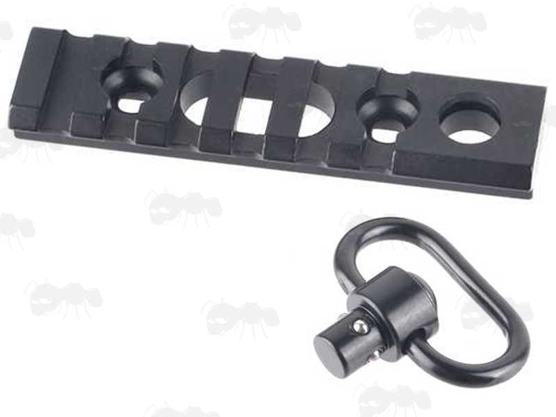 Six Slot Length of Picatinny Rail with a 10mm Socket Swivel Port and a QD Push Button Swivel Included