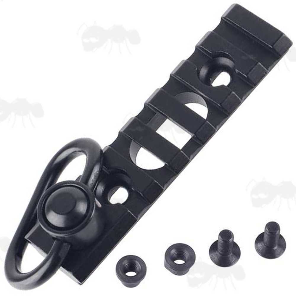 Six Slot Length of Picatinny Rail with a 10mm Socket Swivel Port and a QD Push Button Swivel Included, as Well as a Pair of KeyMod Nuts and Screws
