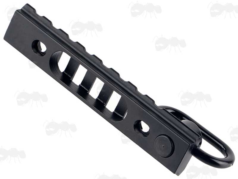 Flat Base View of The Eight Slot Length of Picatinny Rail with a 10mm Socket Swivel Port and a QD Push Button Swivel Included, as Well as a Pair of KeyMod Nuts and Screws