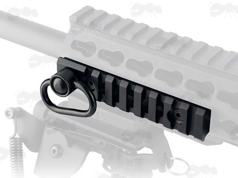 Eight Slot Length of Picatinny Rail with a 10mm Socket Swivel Port and a QD Push Button Swivel Included, Shown Fitted to a KeyMod Handguard