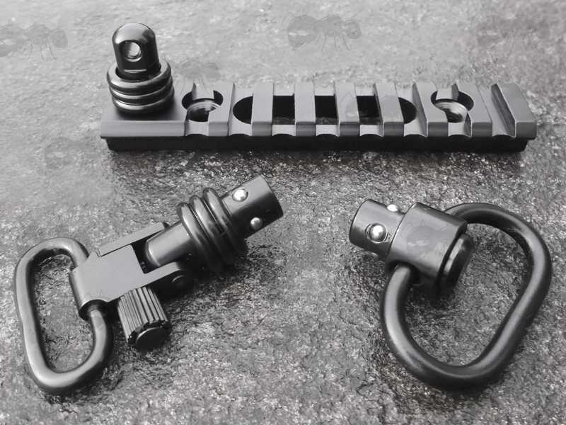 Two QD Push Button Swivel Socket to QD Stud Adapter and Swivel with The Eight Slot Length of Picatinny Rail with a 10mm Socket Swivel Port