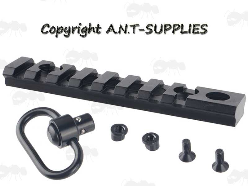 Eight Slot Length of Picatinny Rail with a 10mm Socket Swivel Port and a QD Push Button Swivel Included, as Well as a Pair of KeyMod Nuts and Screws