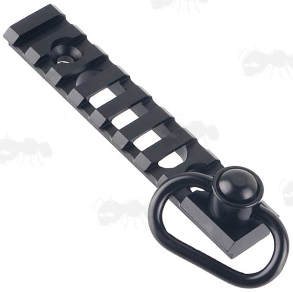 Eight Slot Length of Picatinny Rail with a 10mm Socket Swivel Port and a QD Push Button Swivel Included, as Well as a Pair of KeyMod Nuts and Screws