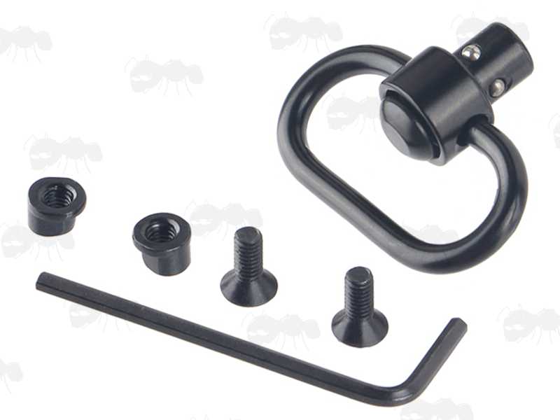 QD Push Button Swivel and Pair of KeyMod Nuts and Screws for The Eight Slot Length of Picatinny Rail with a 10mm Socket Swivel Port