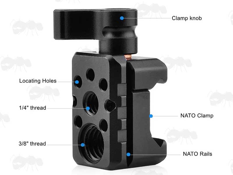 Features Guide for The NATO / Picatinny Rail Fitting Cold Shoe Camera Mount Adapter with Dual Threads