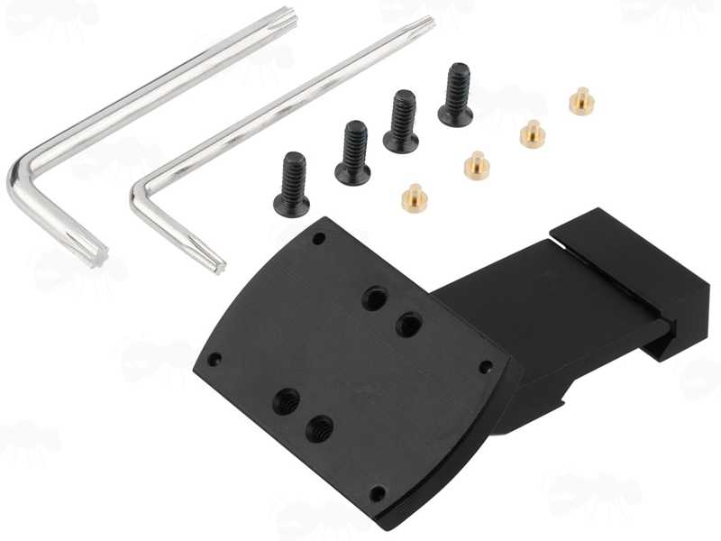 35 Degree Offset Black Mount for Fitting RMR Sights to Picatinny Rifle Rails, Shown with Fixings