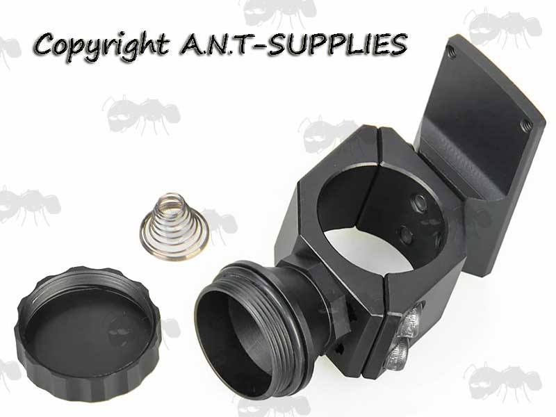Black Mount for Fitting RMR Sights to Rifle Scope Tube Body With Battery Compartment Opened
