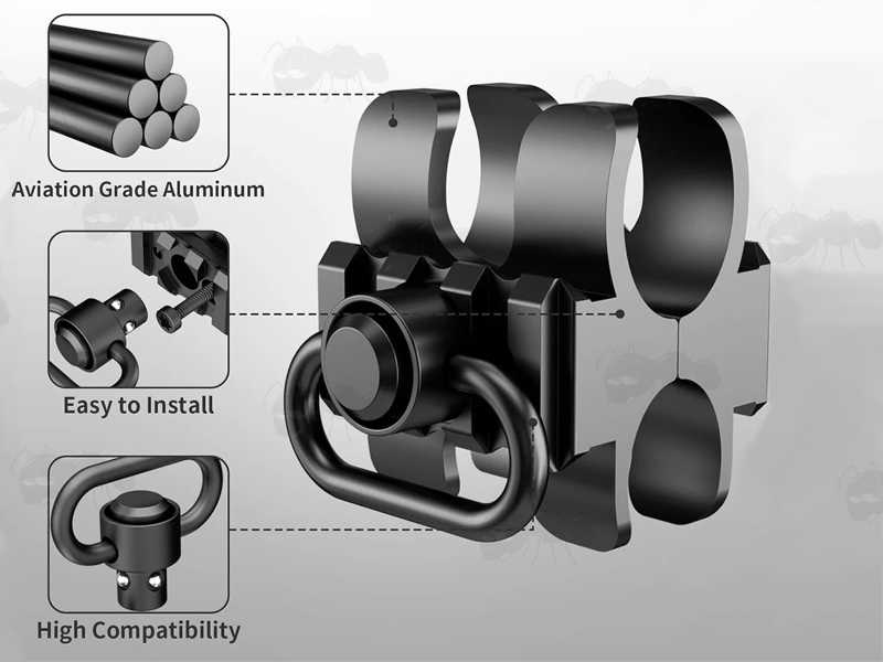 Black Aluminium Shotgun Barrel Magazine Tube Clamp Fixed Rail Base Adapter with Push Button Sling Swivel Socket