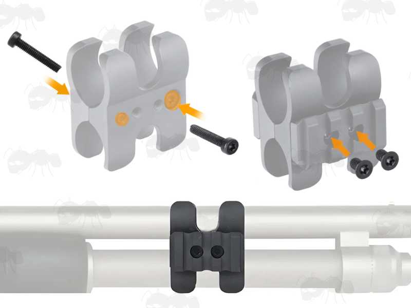 Installation Graphics Guide for The Black Aluminium Shotgun Barrel Magazine Tube Clamp Rail Base Adapter