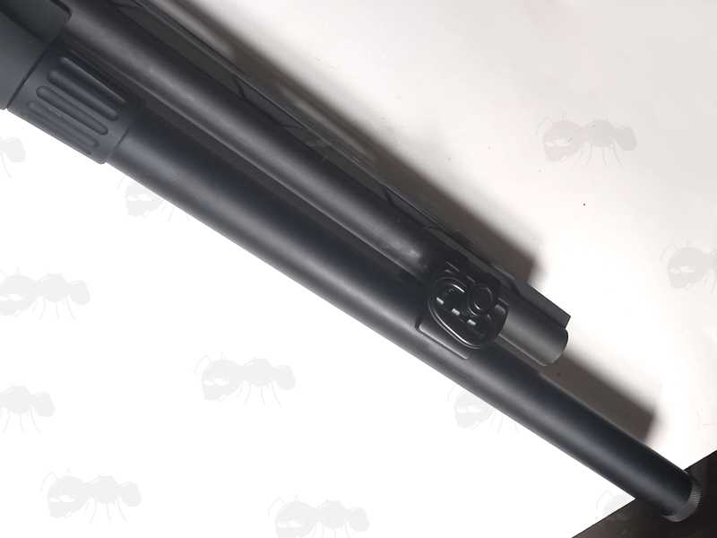 Black Aluminium Shotgun Barrel Magazine Tube Clamp Rail Base Adapter with 10mm Port Push Button Swivel, Shown Fitted to a Beretta 1301 COMP