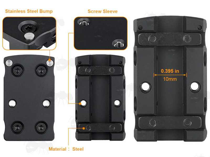 Top and Base Views of The Aluminium Shotgun Rib Adapter Rail Base for Dot Sights with Trijicon RMR, SRO / Holosun 407C, 507C, 508T Footprints