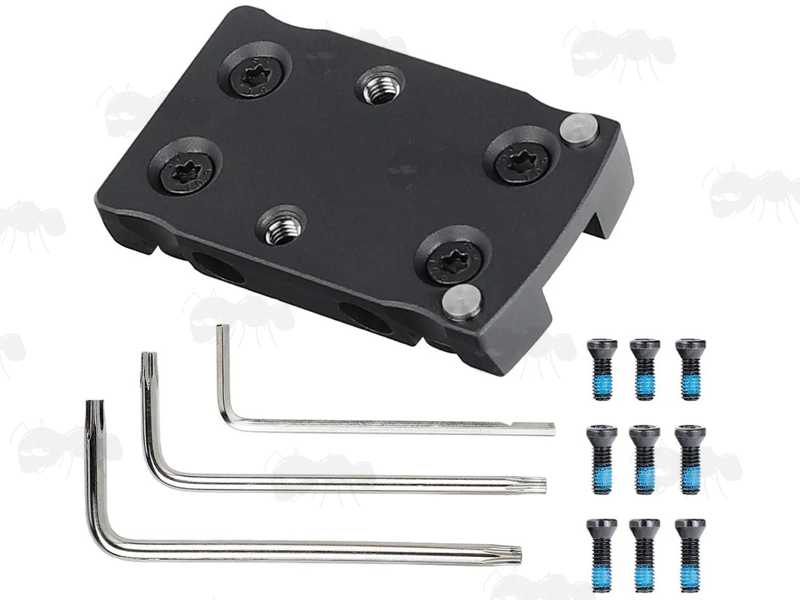 Aluminium Shotgun Rib Adapter Rail Base for Dot Sights with Trijicon RMR, SRO / Holosun 407C, 507C, 508T Footprints, Shown with Screws and Allen Keys