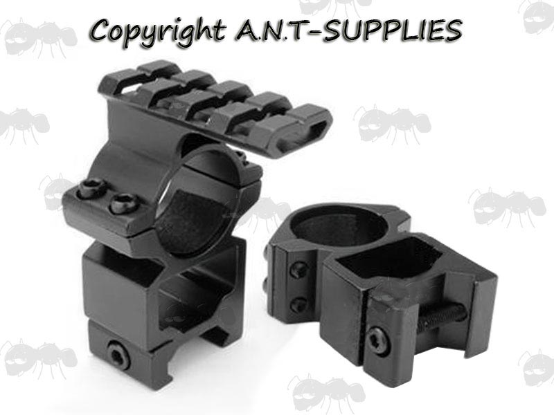Pair of High Profile, Double Clamped Weaver / Picatinny Rail Mount Rings for 25mm Scope Tubes with Extended Top Rail