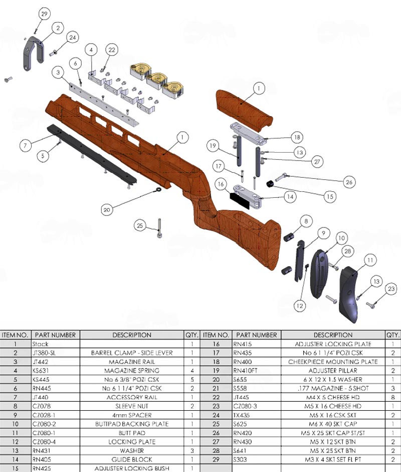 Spare Parts Exploded View Diagram for Air Arms MPR Biathlon Rifle