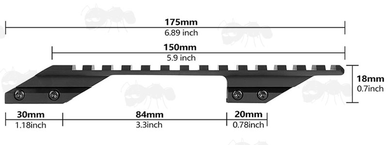 Specifications for The 11mm Dovetail to 20mm  Picatinny / Weaver Forward Reach Rail Adapter