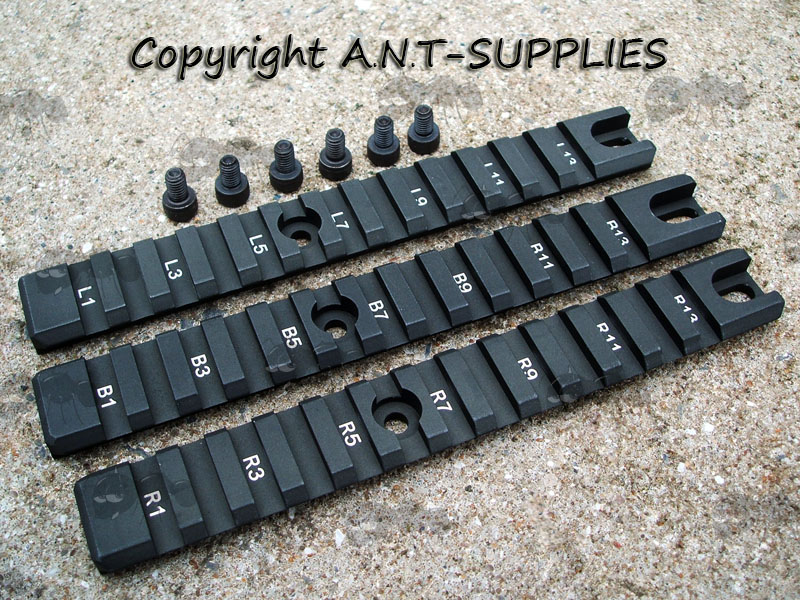 Black, Long 3 Piece Set of 20mm Wide Rails with Bolts for Handguards on G36C Rifles