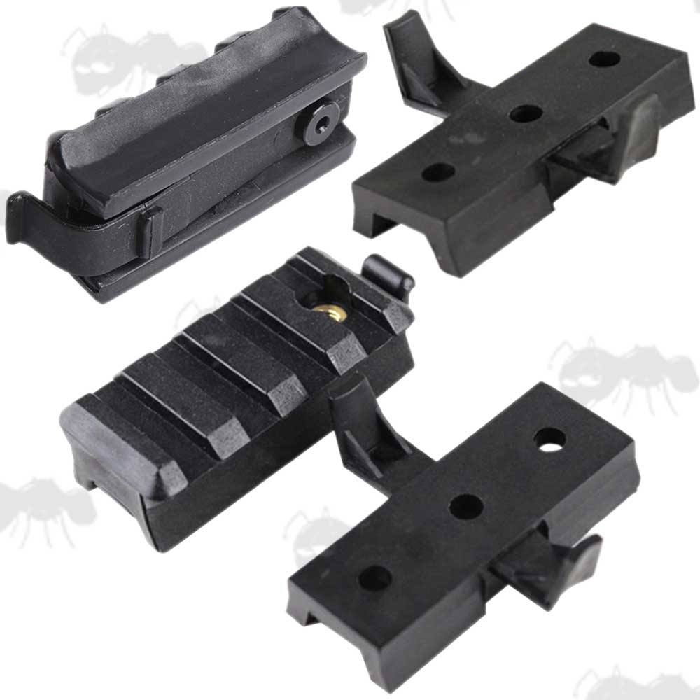 Pair of Two Piece Black Plastic Accessory Rail Adapters For ARC Helmet Base Mounts With Brass Threaded Bushings