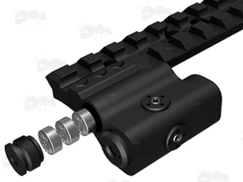 Batteries and Battery Chamber View on The 140mm Long Weaver / Picatinny Sight Rail with 13 Slots and High-Powered Green Laser Sight, for Mossberg 500 / 590 / 835 Series Pump Action Shotguns