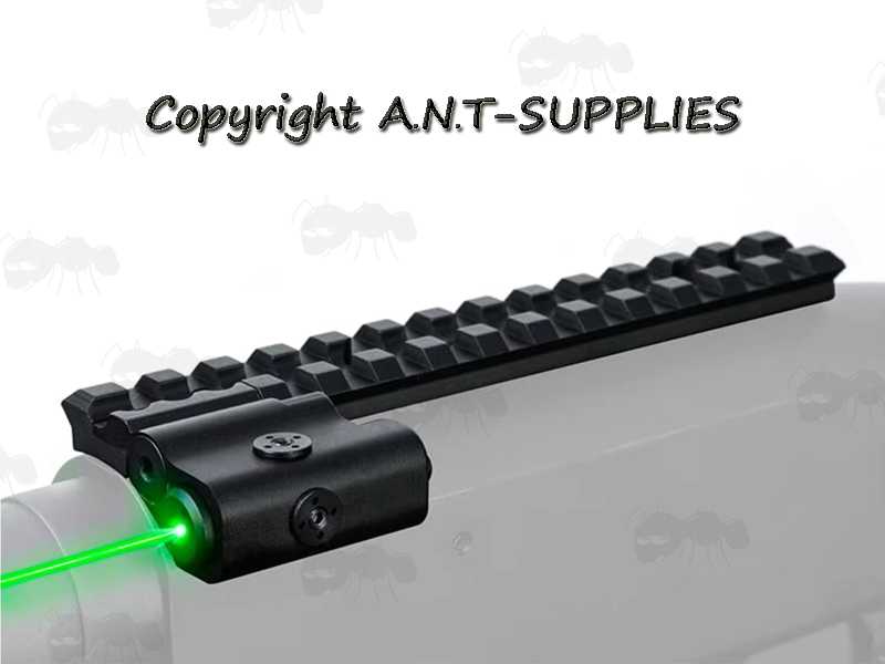 140mm Long Weaver / Picatinny Sight Rail with 13 Slots and High-Powered Green Laser Sight, Shown Fitted to a Mossberg Shotguns