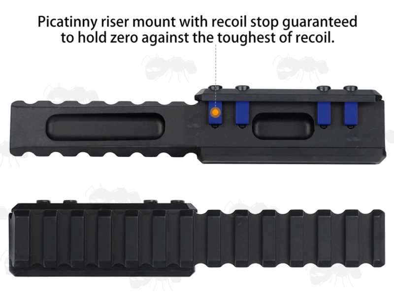 Top and Base Views of The Low-Profile Thirteen Slot Length Forward Reach Picatinny Riser Rail