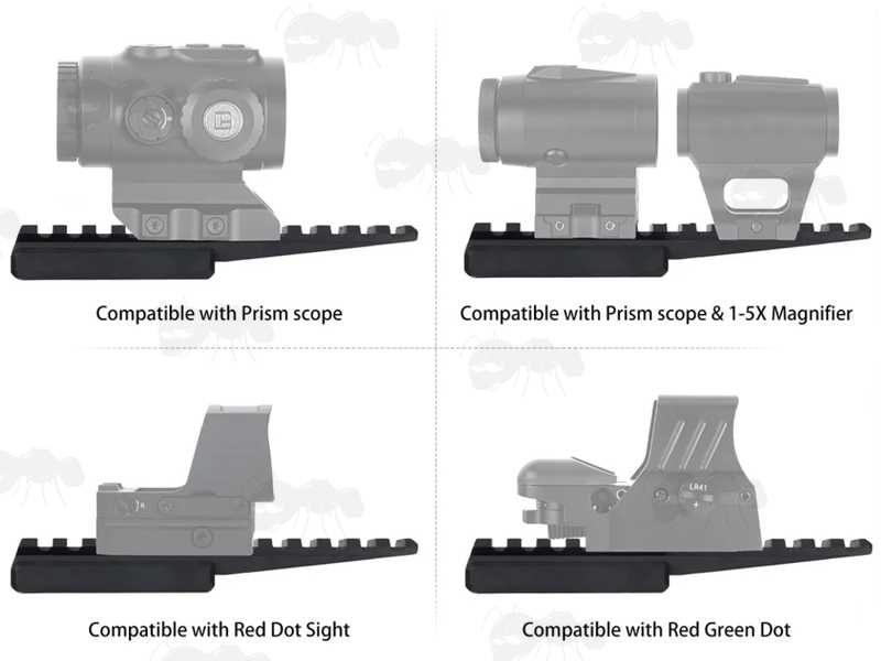 Side Views of The Low-Profile Thirteen Slot Length Forward Reach Picatinny Riser Rail, with Sights Fitted