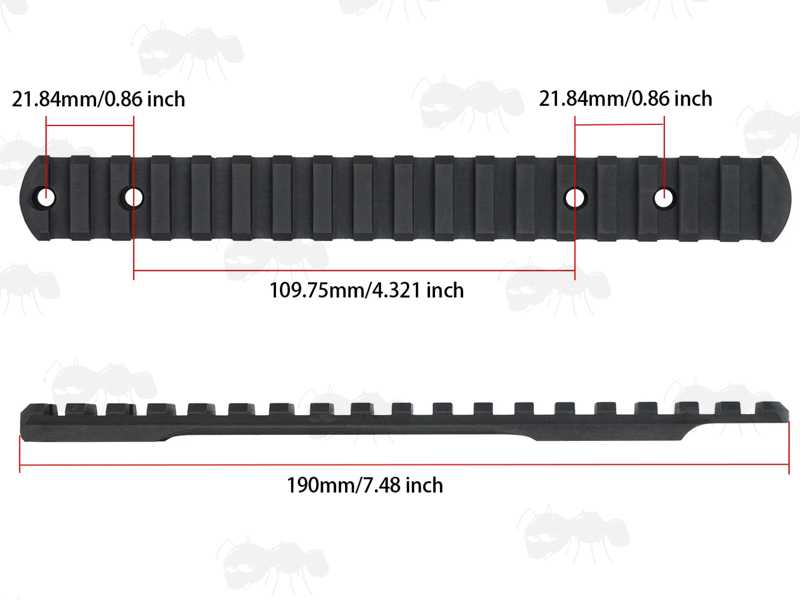 Dimensions of The Steel Picatinny Rail with 14 Slots for Savage Arms Axis, Axis II and Edge Rifles