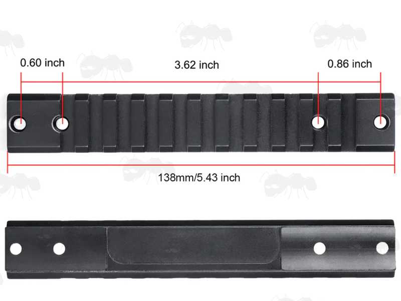 Top and Base View of The Picatinny Rail Slots View of Short Action One Piece Remington 700 Aluminium Picatinny Rail, with Fixing Hole Spacing Dimensions