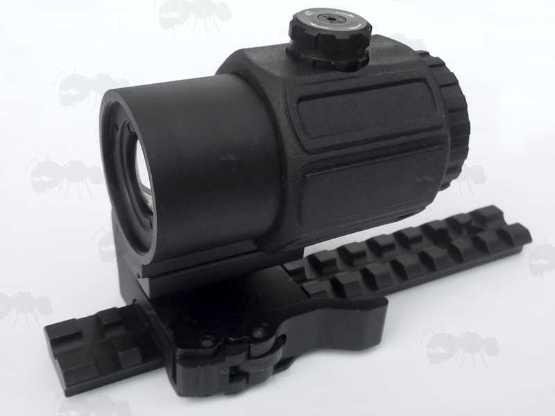 Flip-To-The-Side Magnifier Sight Shown Fitted to The 140mm Long Weaver / Picatinny Sight Rail with 13 Slots, for Mossberg 500 / 590 / 835 Series Pump Action Shotguns