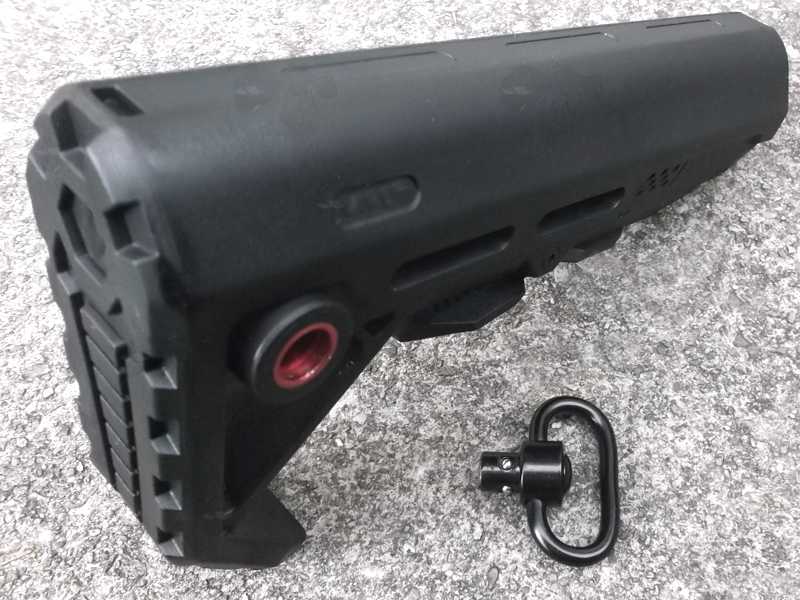 Black M4 Style Collapsible Tactical Rifle Buttstock, Shown with Sling Swivel Fitted to The Red 10mm Push Button Flush Fit QD Socket