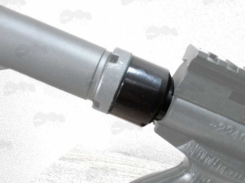 Black All Metal Crosman Rifle Stock Buffer Tube Adapter, Shown Installed to a Crosman 2240