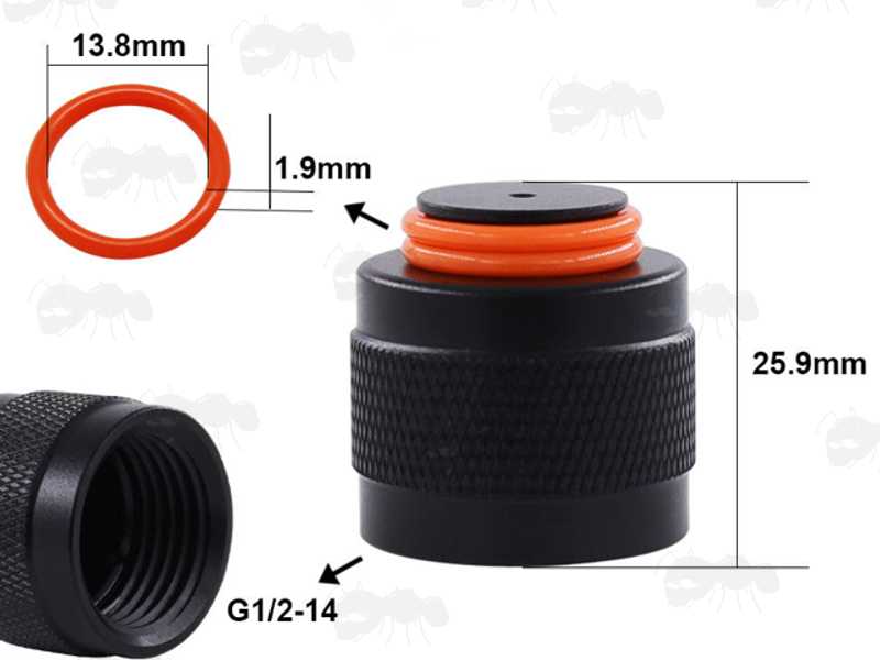 Dimensions of The All Black Aluminium Threaded Cap for HPA and CO2 Bottles with a Knurled Grip and Spare Orange O-Rings
